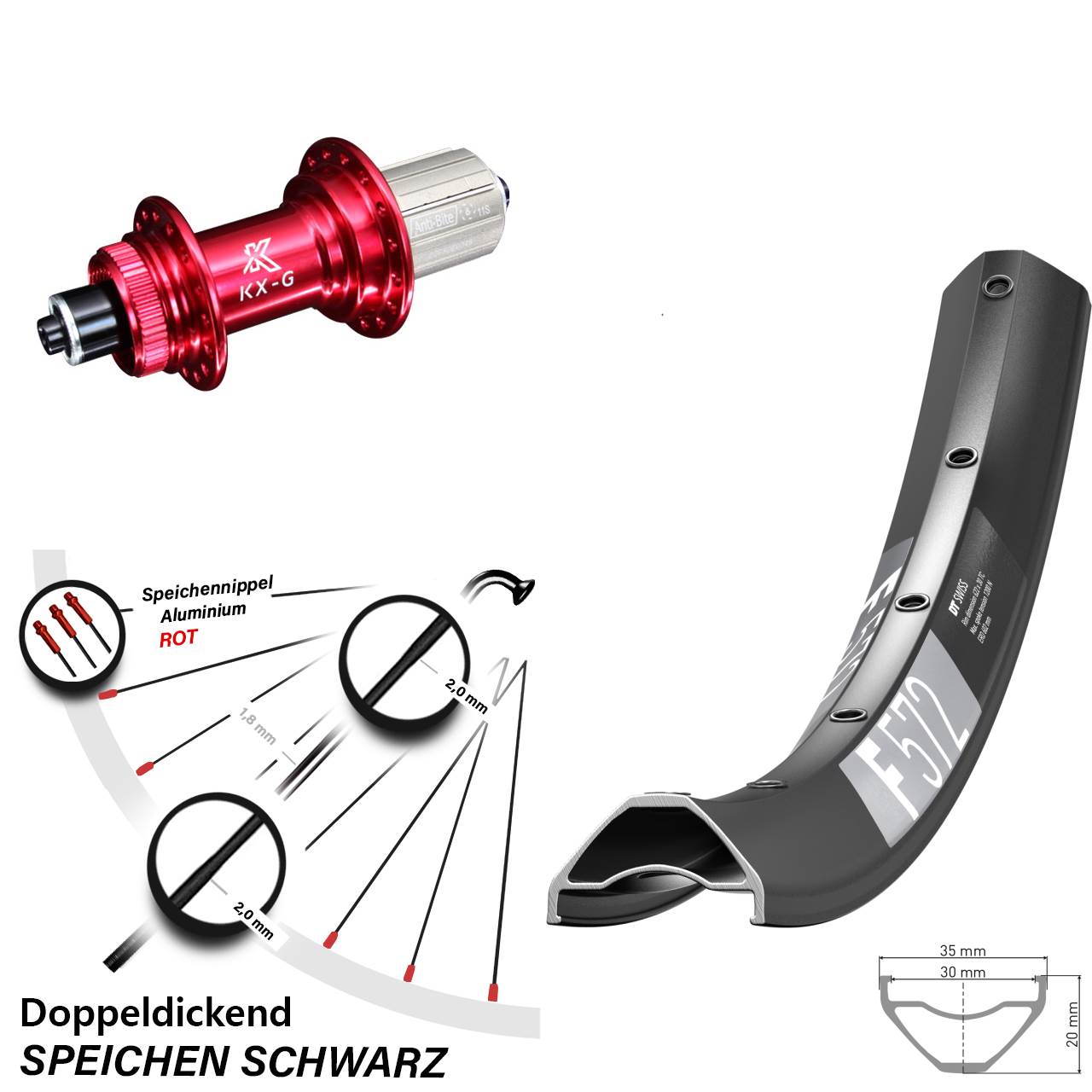 27,5 Zoll DT Swiss F572 Hinterrad KX-G rot 8-12 fach