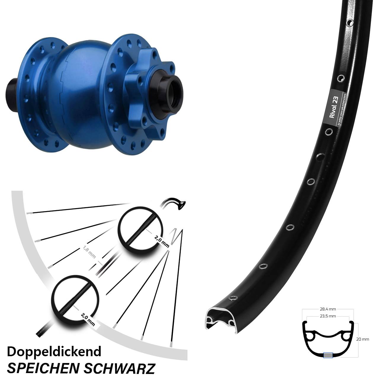 Nabendynamovorderrad 6-Loch 650B Ryde Rival 23 SON 28 blau 15x110 Boost