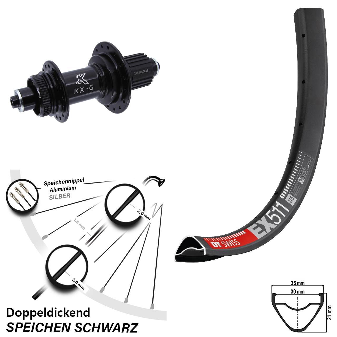 DT Swiss EX 511 Disc KX-GS 27,5 Zoll Hinterrad Centerlock Micro Spline schwarz