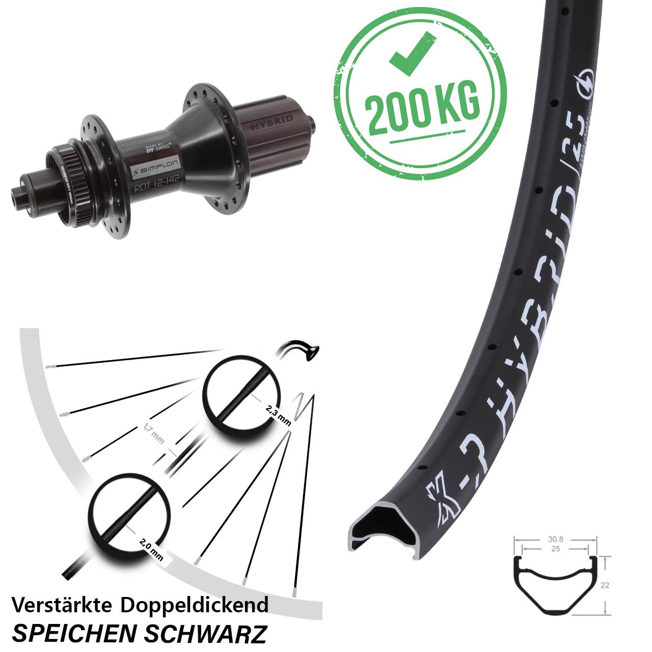KX-R Hybrid 25 DT Swiss 370 26 Zoll Centerlock Hinterrad QR 8-11 fach HG