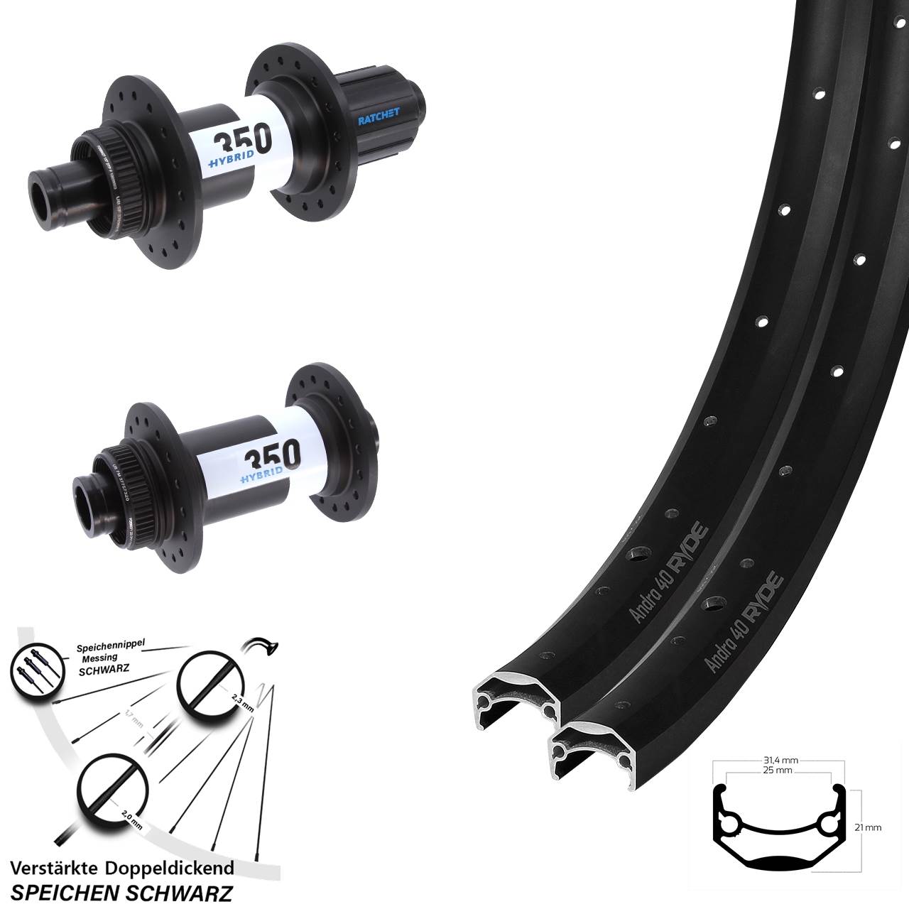 Ryde Andra 40 DT Swiss Hybrid 350 26 Zoll Disc Laufradsatz 15x110 12x148 8-11 fach