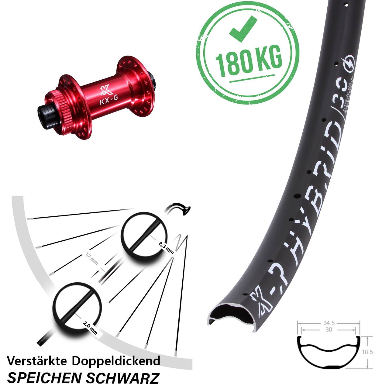 Disc Vorderrad 29 Zoll KX-GR Hybrid 30 rot 15x100