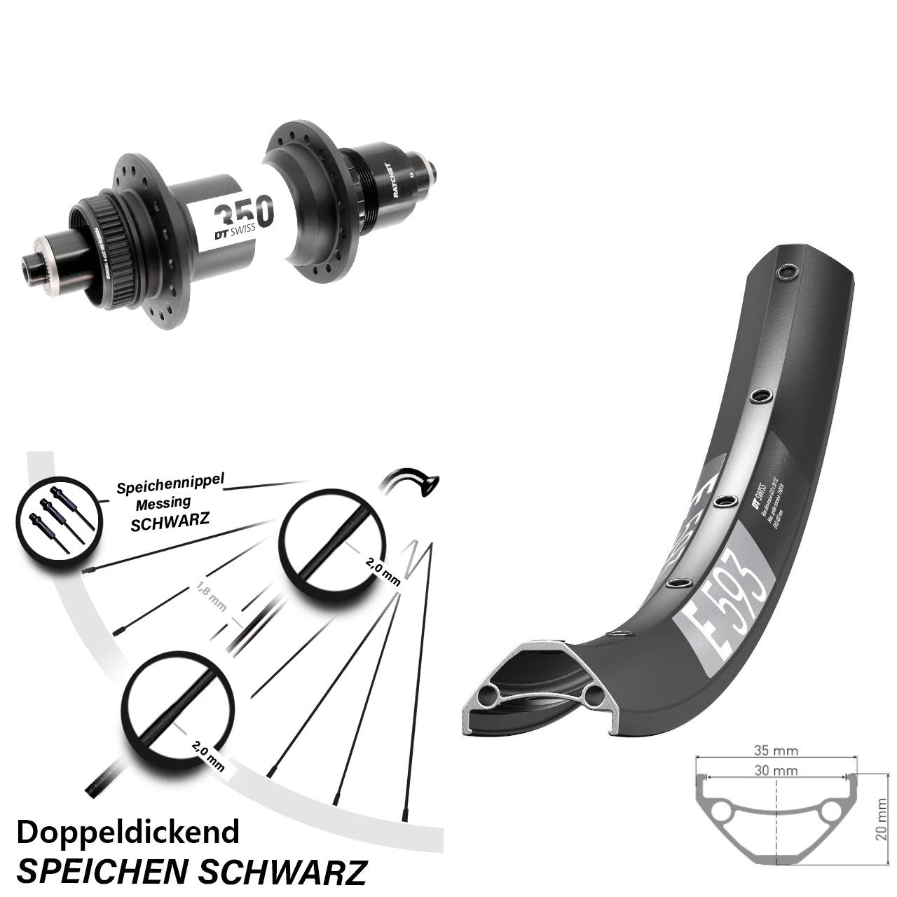 DT Swiss E593-350 29 Zoll Disc Hinterrad für Schnellspanner Boost SRAM XD