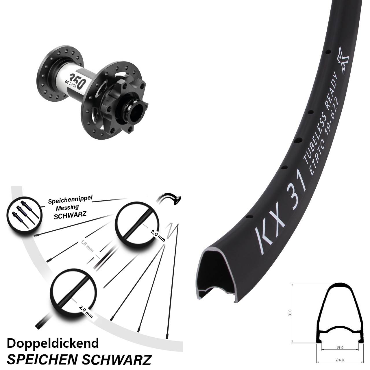 Laufrad 28 Zoll KX 31 Disc DT Swiss 350 12x100 6-Loch