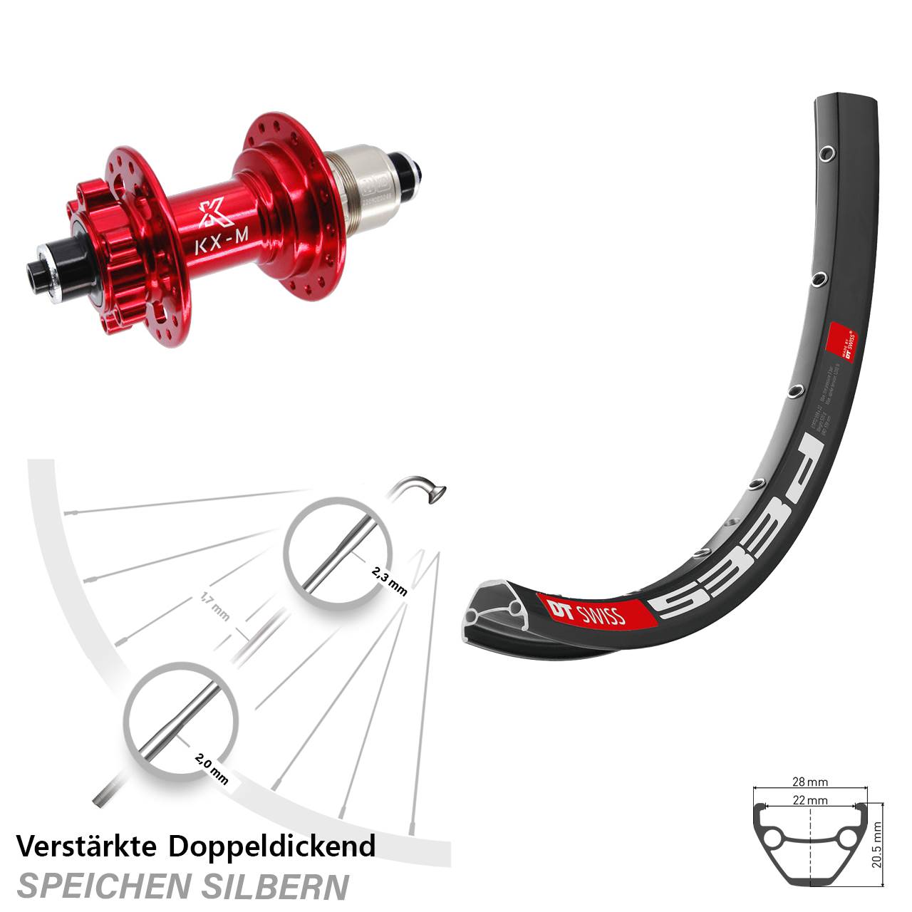 29 Zoll DT Swiss 533 D KX-M rot 6-Loch Hinterrad für Schnellspanner XD 11-12 fach
