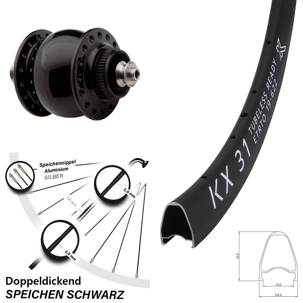Nabendynamo-Vorderrad Centerlock 28 Zoll KX 31 SON 28 QR