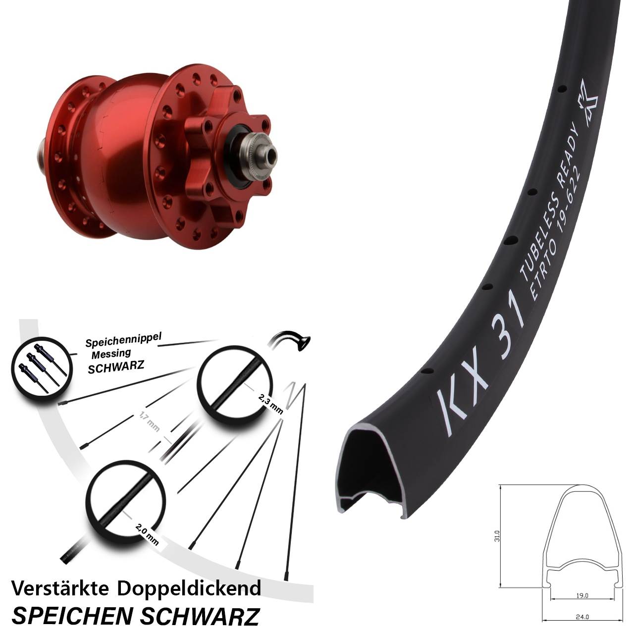 KX 31 SON 28 Zoll rot Disc Vorderrad mit Nabendynamo QR