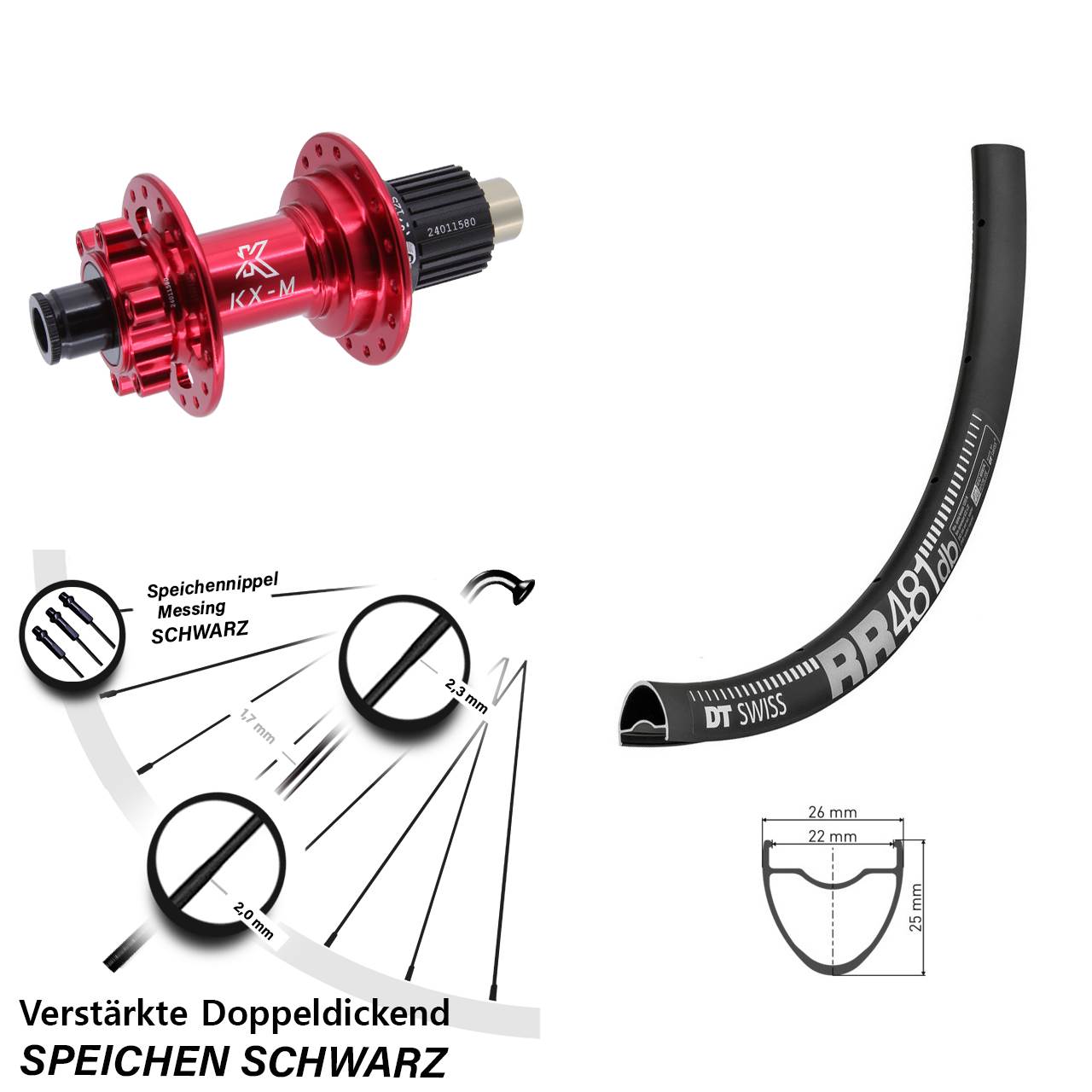 Hinterrad 6-Loch 12x142 28 Zoll DT Swiss RR481 KX-M rot Shimano Micro Spline