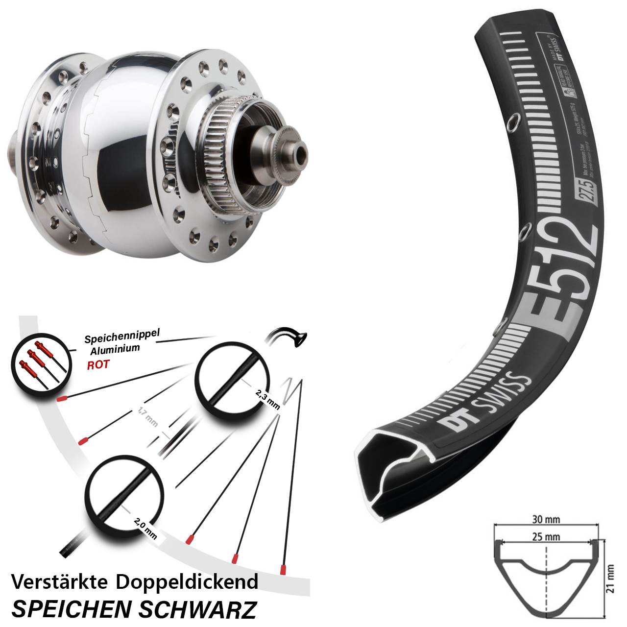 Centerlock Vorderrad mit Dynamo 27,5 Zoll DT Swiss E512 SON delux QR