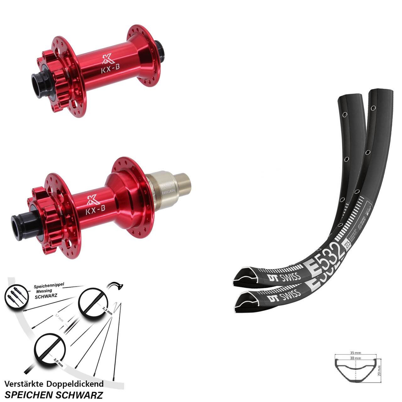 6-Loch Laufradsatz 29 Zoll DT Swiss E532 KX-B rot XD 11-12 fach 15x110 12x148