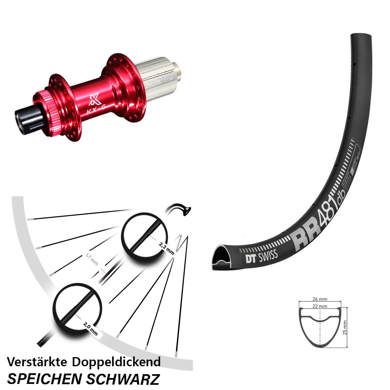 28 Zoll Hinterrad DT Swiss RR 481 DB Nabe KX-G rot-eloxiert 12x142 mm 8-12 fach verstärkt