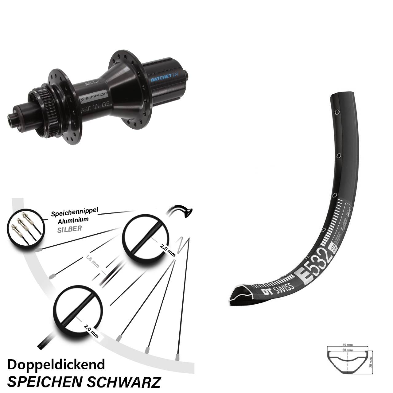 27,5 Zoll DT Swiss E 532-370 Hybrid Centerlock Hinterrad QR 8-11 fach