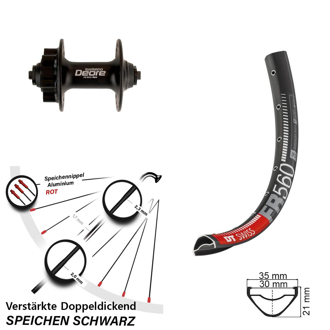 26 Zoll DT Swiss FR 560 Shimano Deore HB-M525 Disc Laufrad für Schnellspanner