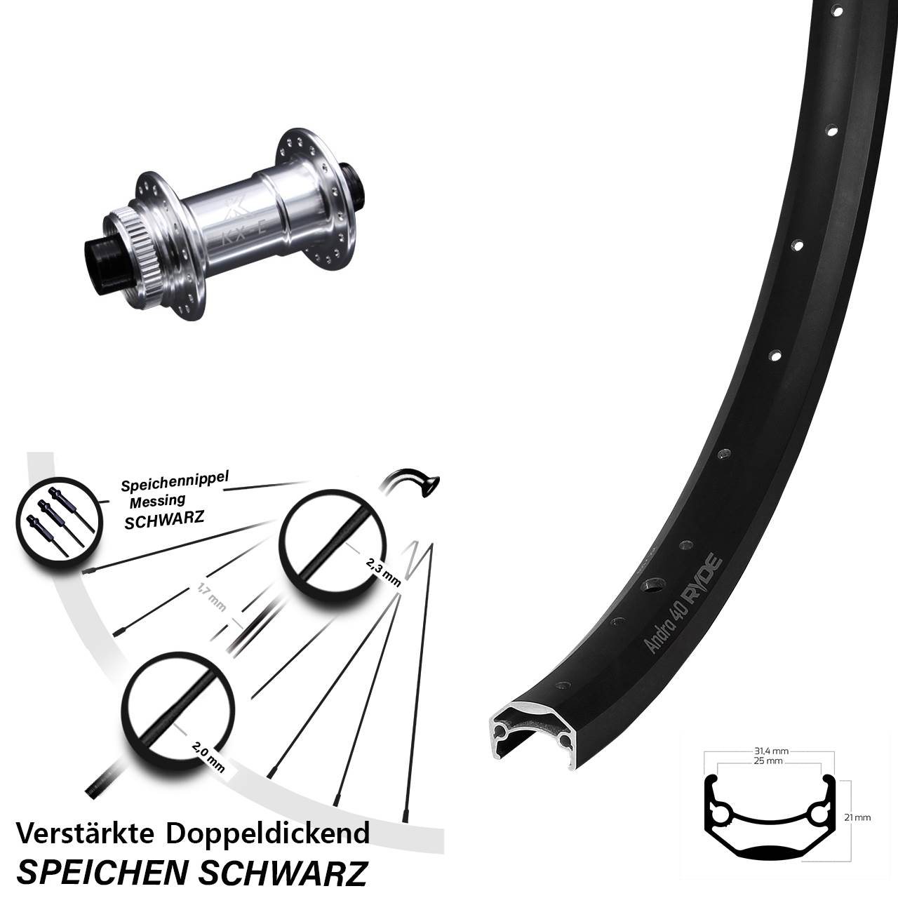 Vorderrad 28-29 Zoll Ryde Andra 40 Disc- KX-E Nabe silbern-eloxiert Centerlock 15x100 mm