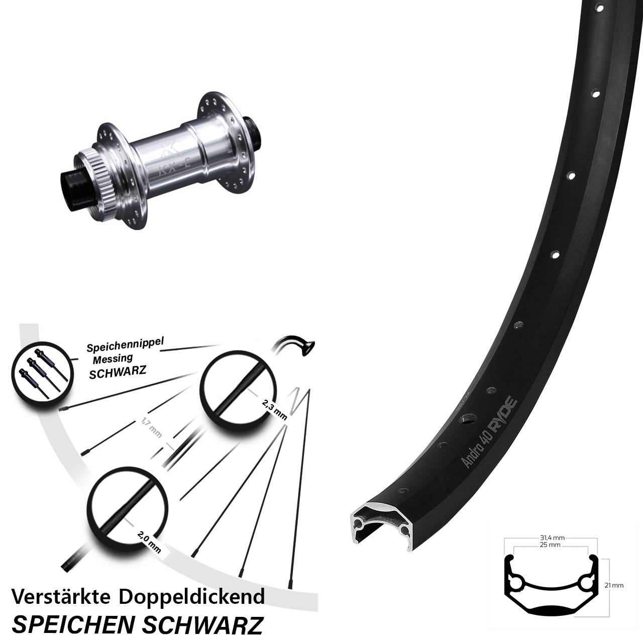 Vorderrad 28-29 Zoll Ryde Andra 40 Disc- KX-E Nabe silbern-eloxiert Centerlock 15x100 mm
