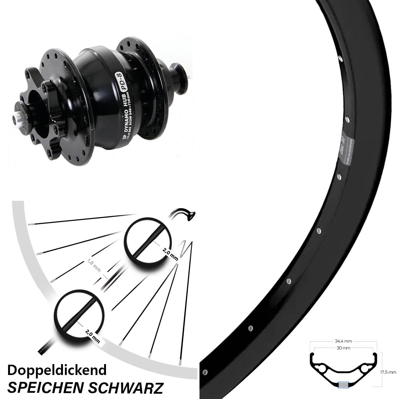 Disc Laufrad mit Nabendynamo 27,5 Zoll Ryde Disc 30 Shutter PD-8 QR