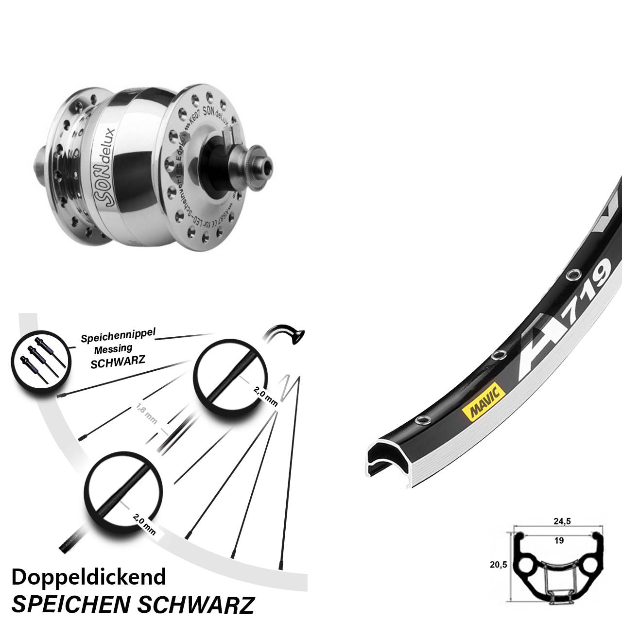 Nabendynamolaufrad 28 Zoll Mavic A 719 SON delux QR