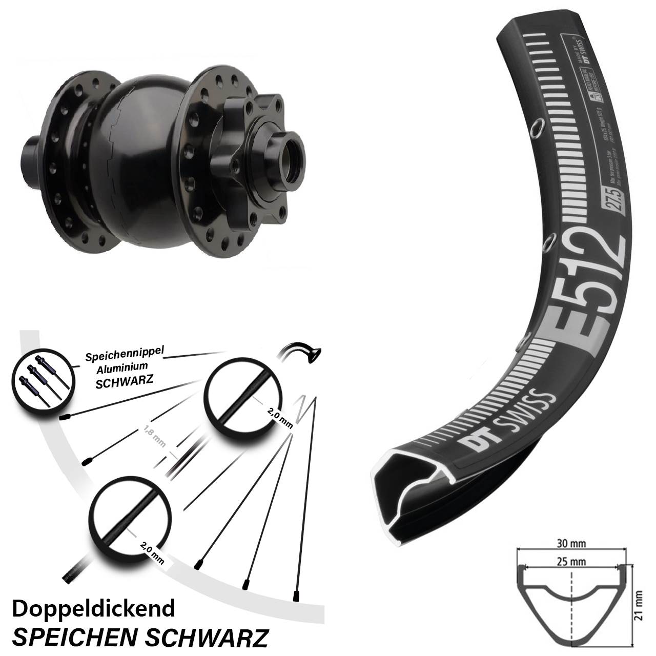 Nabendynamovorderrad 6-Loch 27,5 Zoll DT Swiss E512 SON 28 15x110 Boost