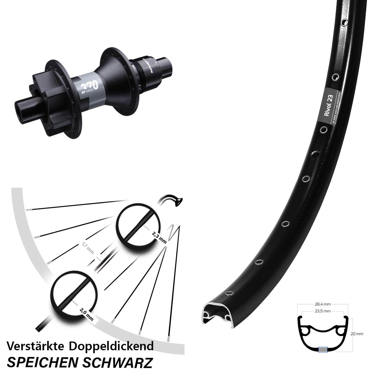 Ryde Rival 23 DT Swiss 370 6-Loch 650B Hinterrad 12x142 XD 11-12 fach