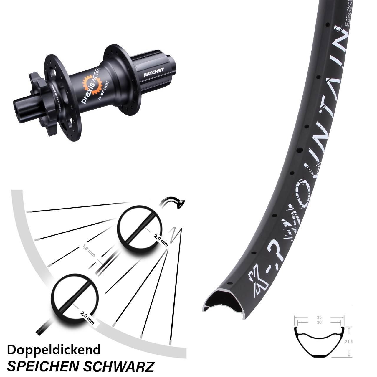 27,5 Zoll Hinterrad DT Swiss 350 SL Ratchet 36 KX-R Mountain 30-584 ETRTO MTB 11-fach