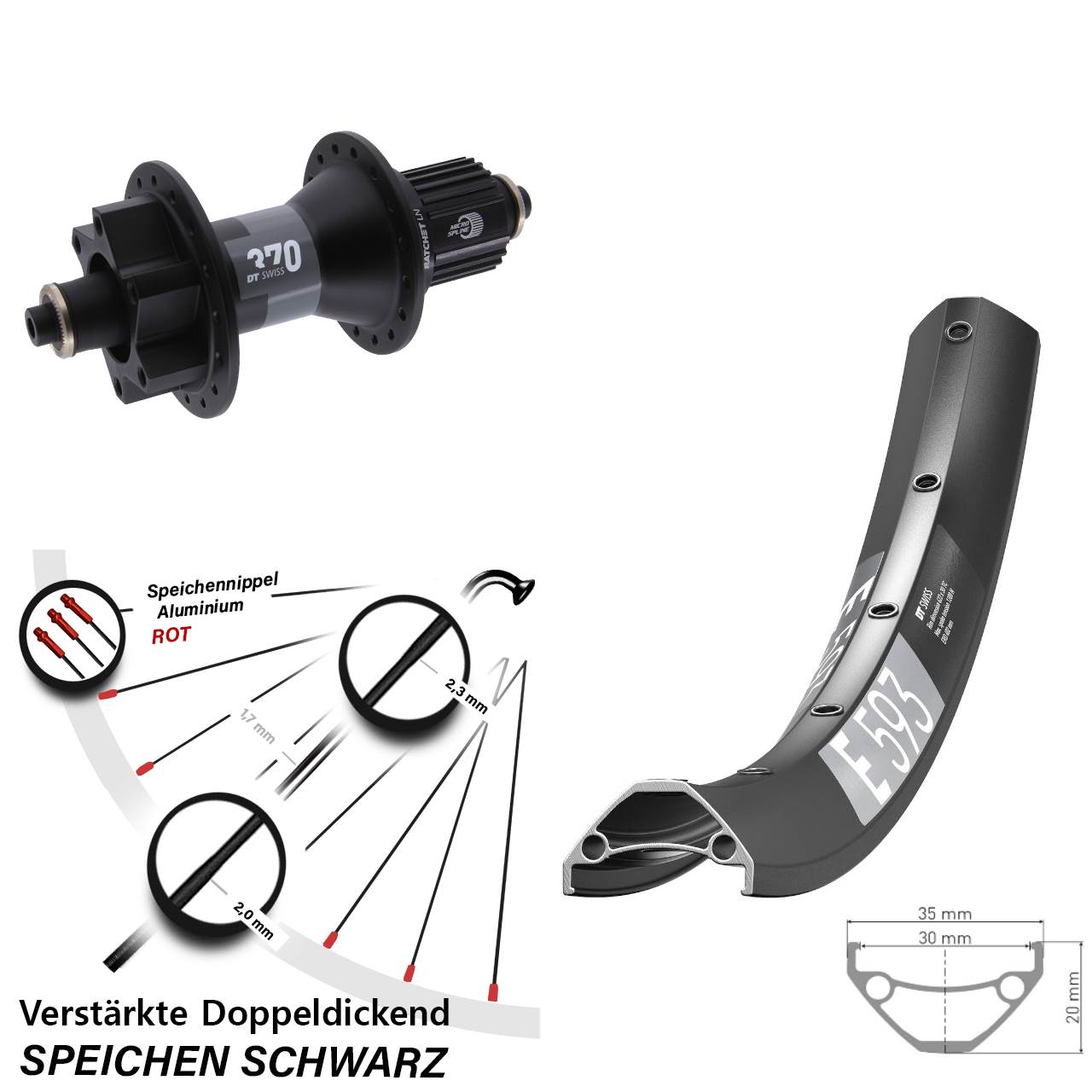 Disc Laufrad 29 Zoll DT Swiss E593-370 Micro Spline für Schnellspanner