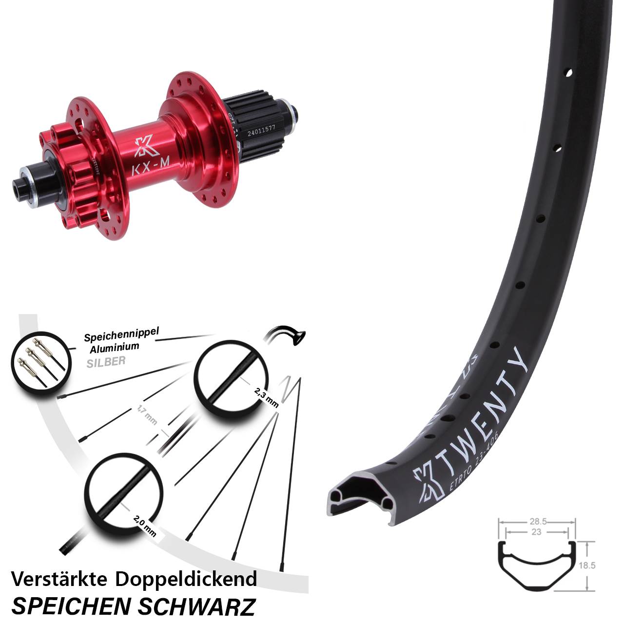 Disc Hinterrad 20 Zoll rote Nabe KX-M Twenty Shimano Micro Spline QR