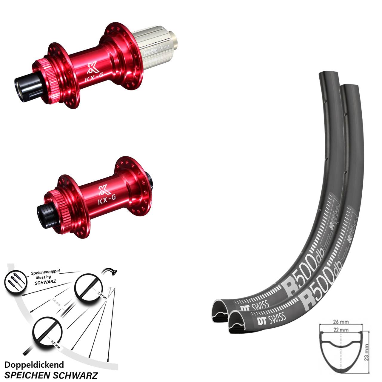 28 Zoll Road Disc Laufradsatz DT Swiss R 500 Steckachse KX-G rot-eloxiert Centerlock