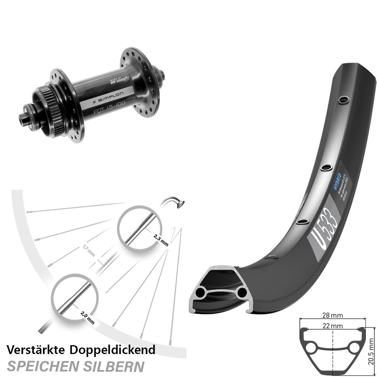 Vorderrad Centerlock 28-29 Zoll DT Swiss U 533-370 für Schnellspanner