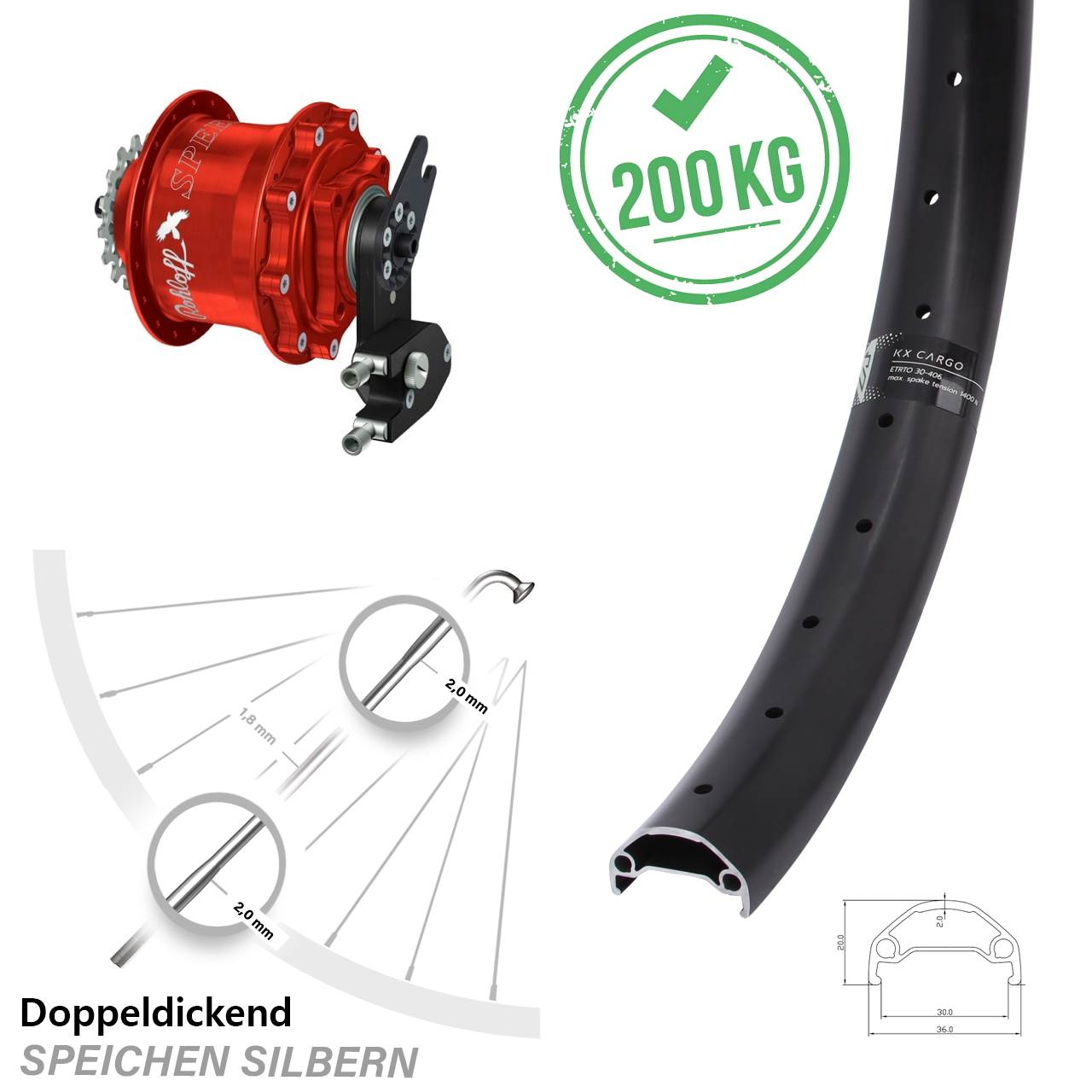 20 Zoll Hinterrad Rohloff Speedhub 500/14 CC OEM2 DB rot KX Cargo