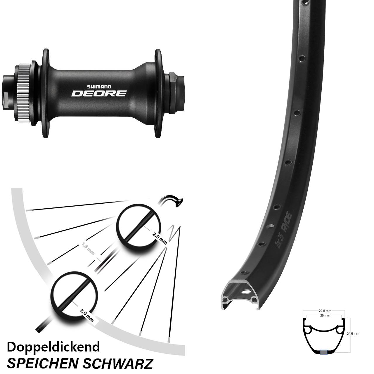 Ryde ZAC 25 Shimano Deore HB-M618 Boost 29 Zoll Centerlock Vorderrad 15x110