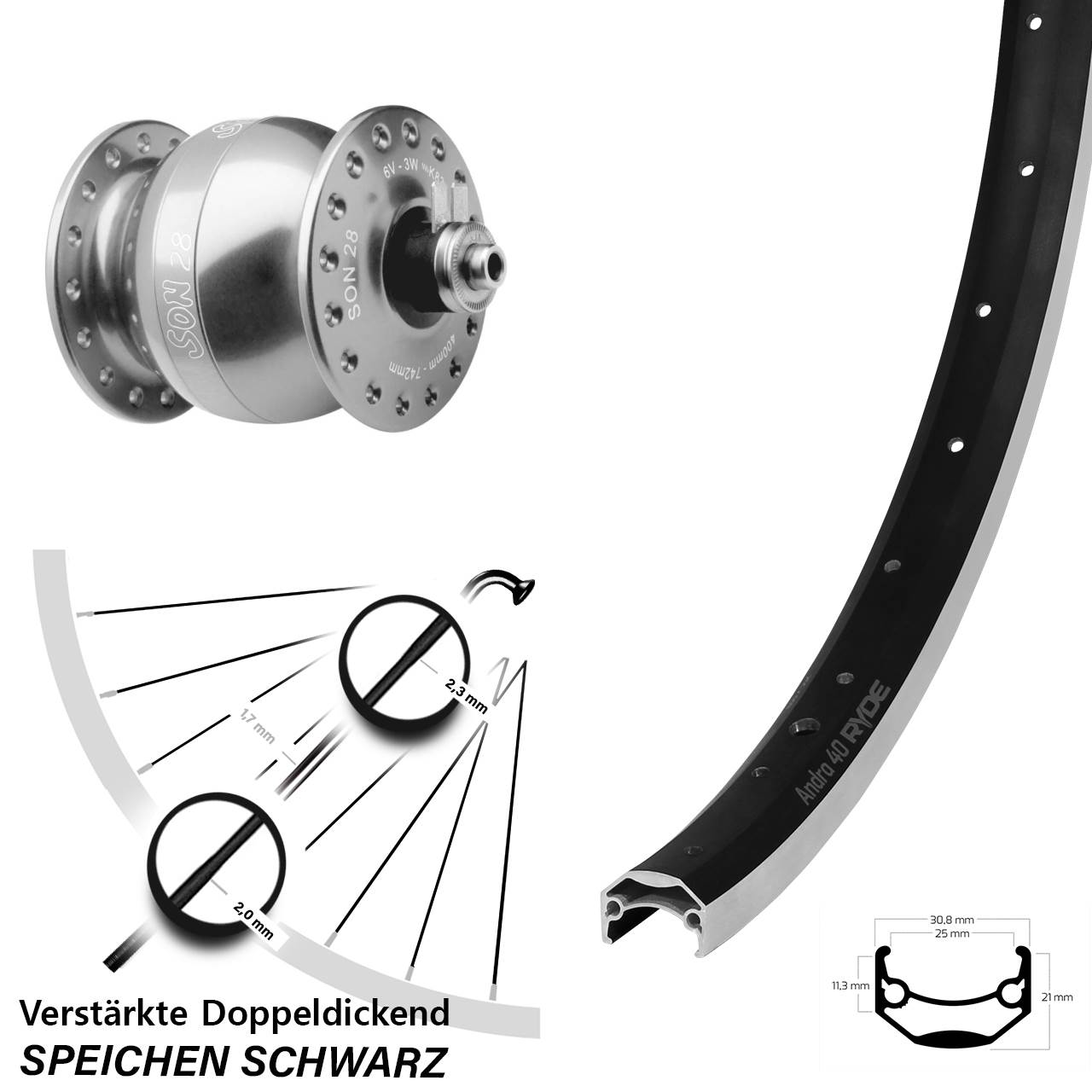 SON 28 silbern Ryde Andra 40 28-29 Zoll Vorderrad mit Nabendynamo QR