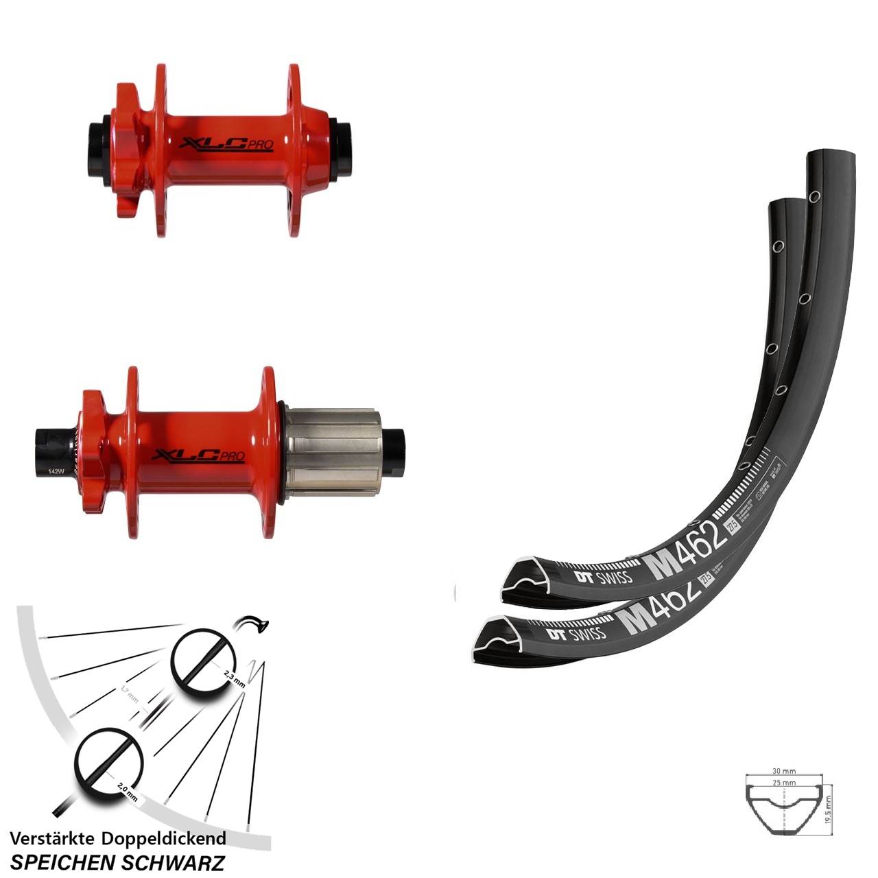 6-Loch Laufradsatz 29 Zoll DT Swiss M462 XLC Pro rot 8-11 fach HG 15x100 12x142