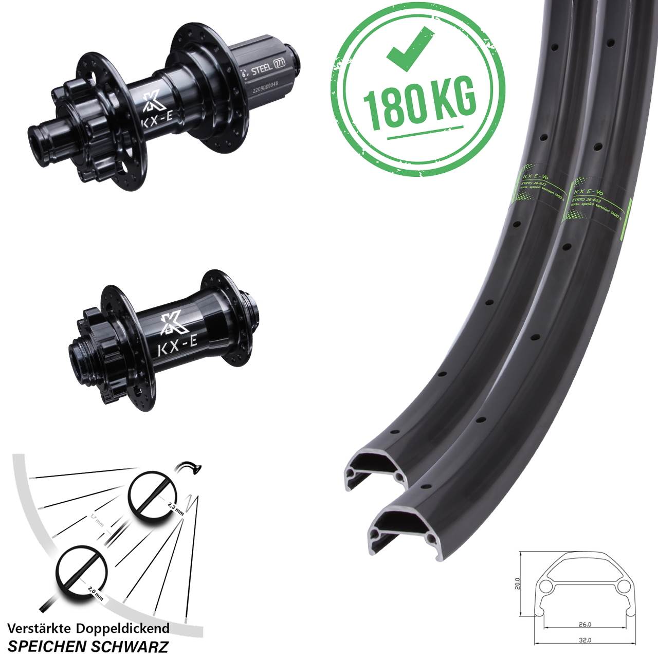 KX-Evo Lastenrad Laufradsatz Nabe 10-fach gelagert Disc 100x142 mm 29 Zoll