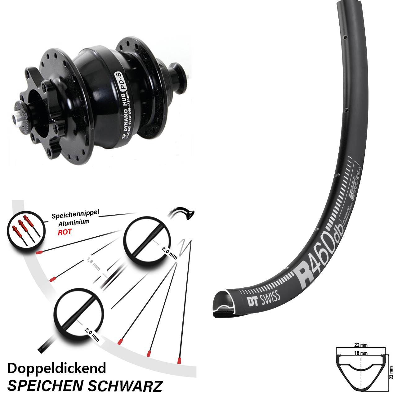 Vorderrad 28 Zoll DT Swiss R 460 Shutter Precision PD-8 Nabendynamo Disc 5x100 schwarz