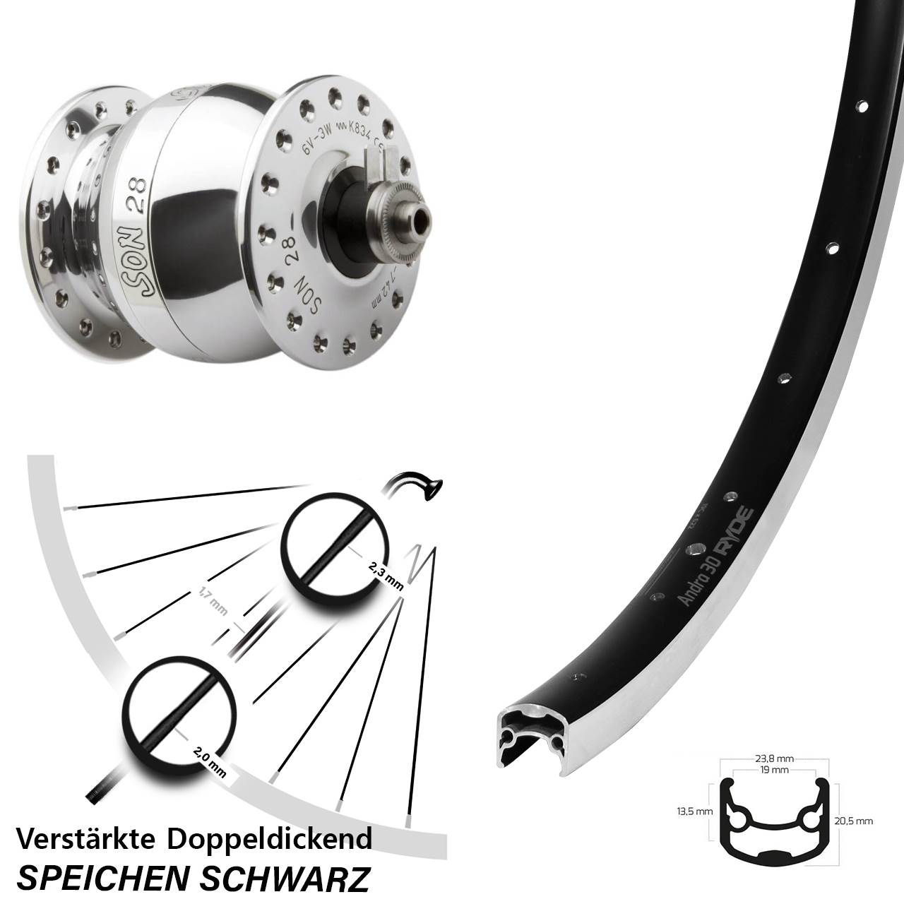 Nabendynamolaufrad SON 28 Zoll Ryde Andra 30 poliert für Schnellspanner