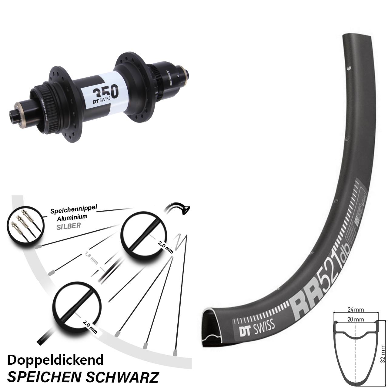DT Swiss RR 521-350 28 Zoll Disc Laufrad für Schnellspanner SRAM XD