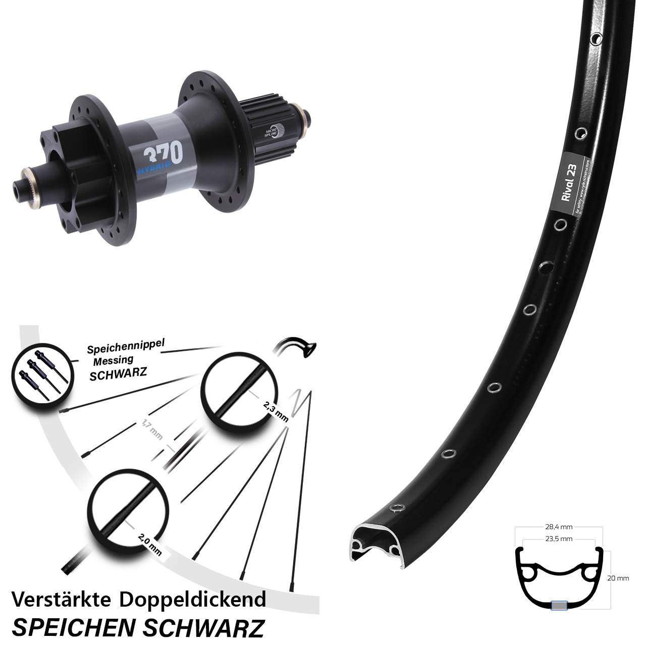 Disc Laufrad 27,5 Zoll Ryde Rival 23 DT Swiss 370 Hybrid Micro Spline QR Boost