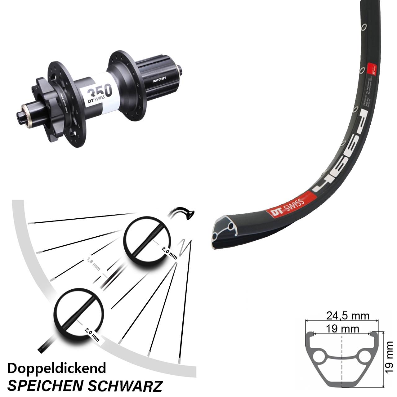Hinterrad 28-29 Zoll 466d DT Swiss 350 Ratchet 36 Schnellspanner 5x135 mm 6-Loch 8-11 fach