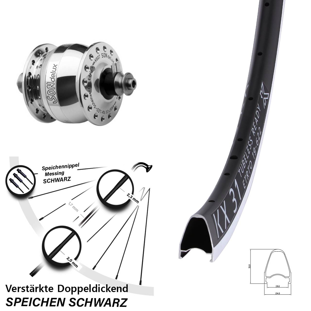 Vorderrad mit Nabendynamo 28 Zoll KX 31 SON delux QR