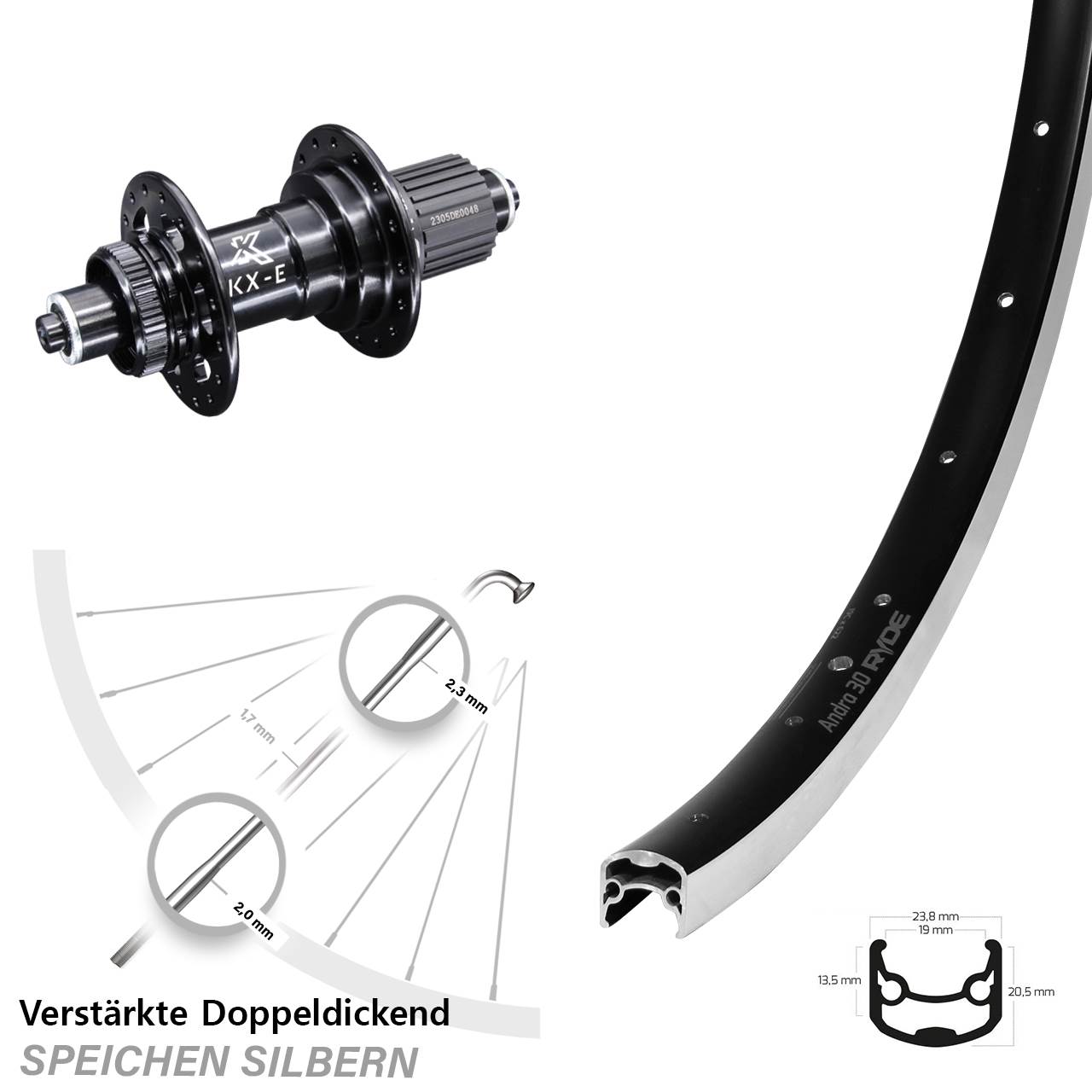 Hinterrad 28 Zoll verstärkt Ryde Andra 30 KX-E 5x135 mm Micro Spline 12-fach