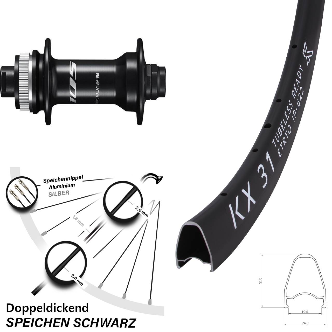 28 Zoll KX 31 Shimano HB-R7070 Centerlock Vorderrad 12x100