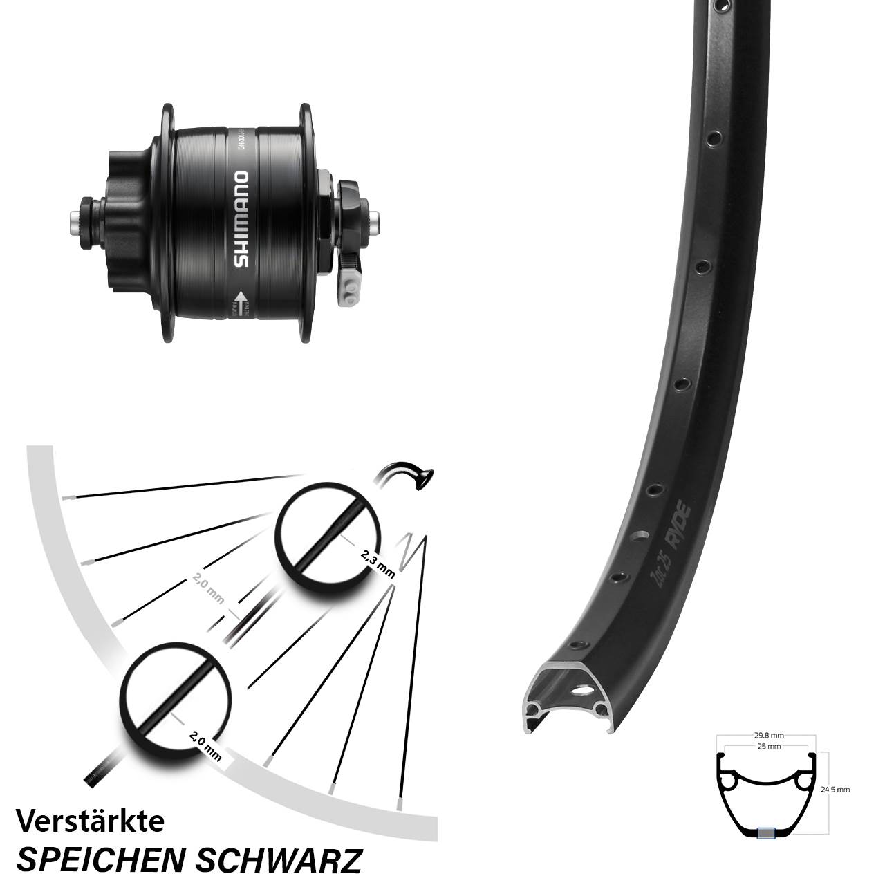 Ryde ZAC 25 Shimano DH-3D32 28-29 Zoll Vorderrad mit Nabendynamo 6-Loch QR