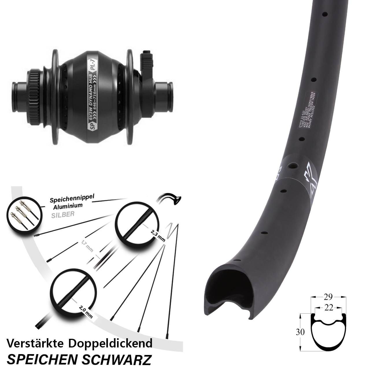 28-29 Zoll KX-RC Gravel Carbon Shutter Precision PL-7 Dynamo-Vorderrad Centerlock 12x100