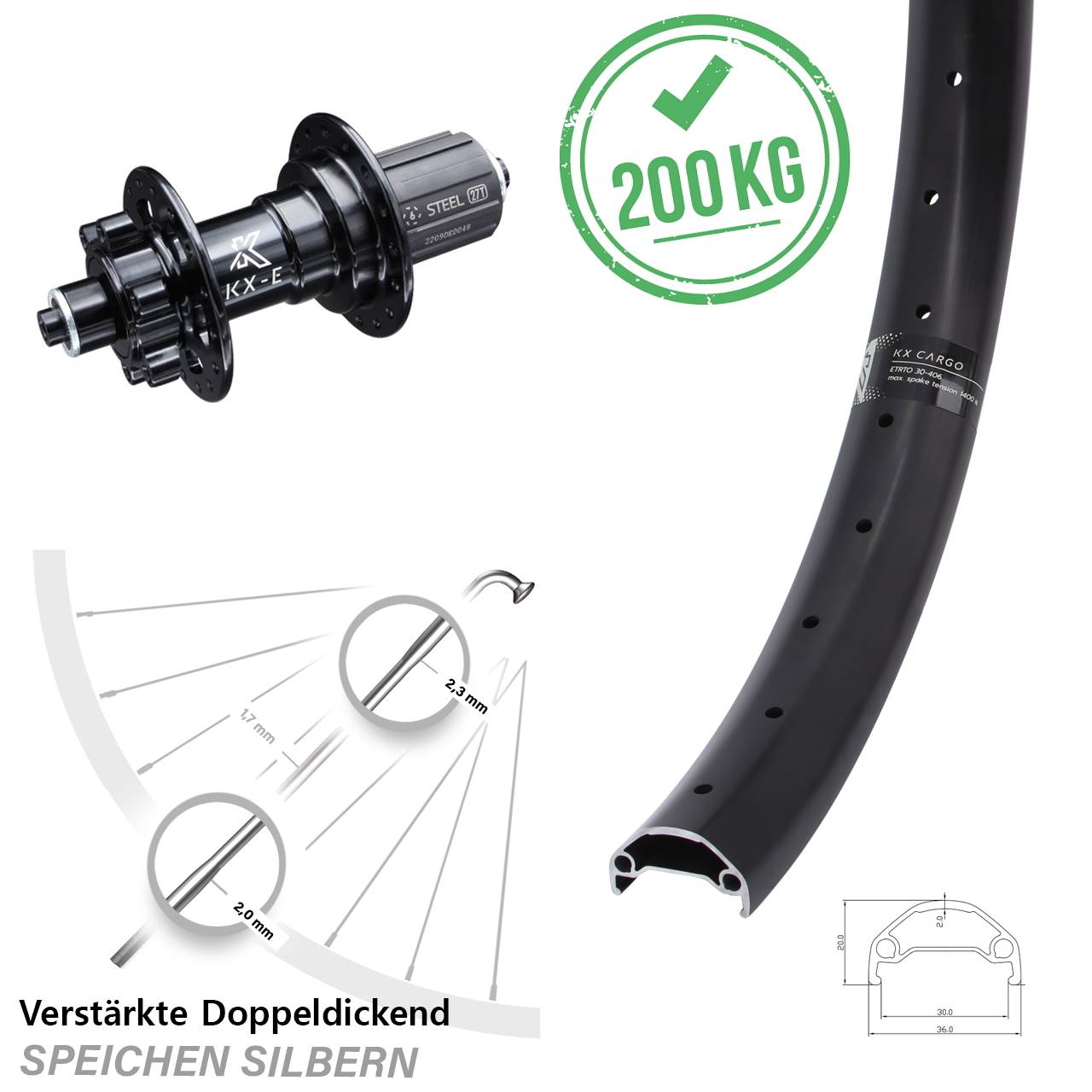 KX-E Cargo Hinterrad Lastenrad verstärkt 20 Zoll 5x135 mm 8-12 fach