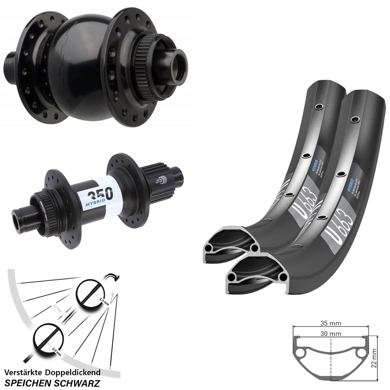 DT Swiss U663-Hybrid 350 SON 28 650B Laufrad-Satz 15x110 12x148 Micro Spline