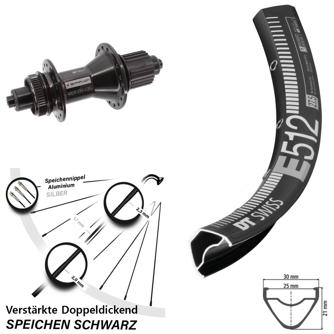 650B DT Swiss E512-370 Hybrid Disc Laufrad für Schnellspanner Shimano Micro Spline