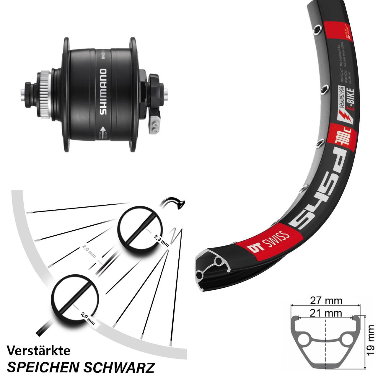 28-29 Zoll DT Swiss 545d Shimano DH-3D37 Disc Nabendynamovorderrad QR