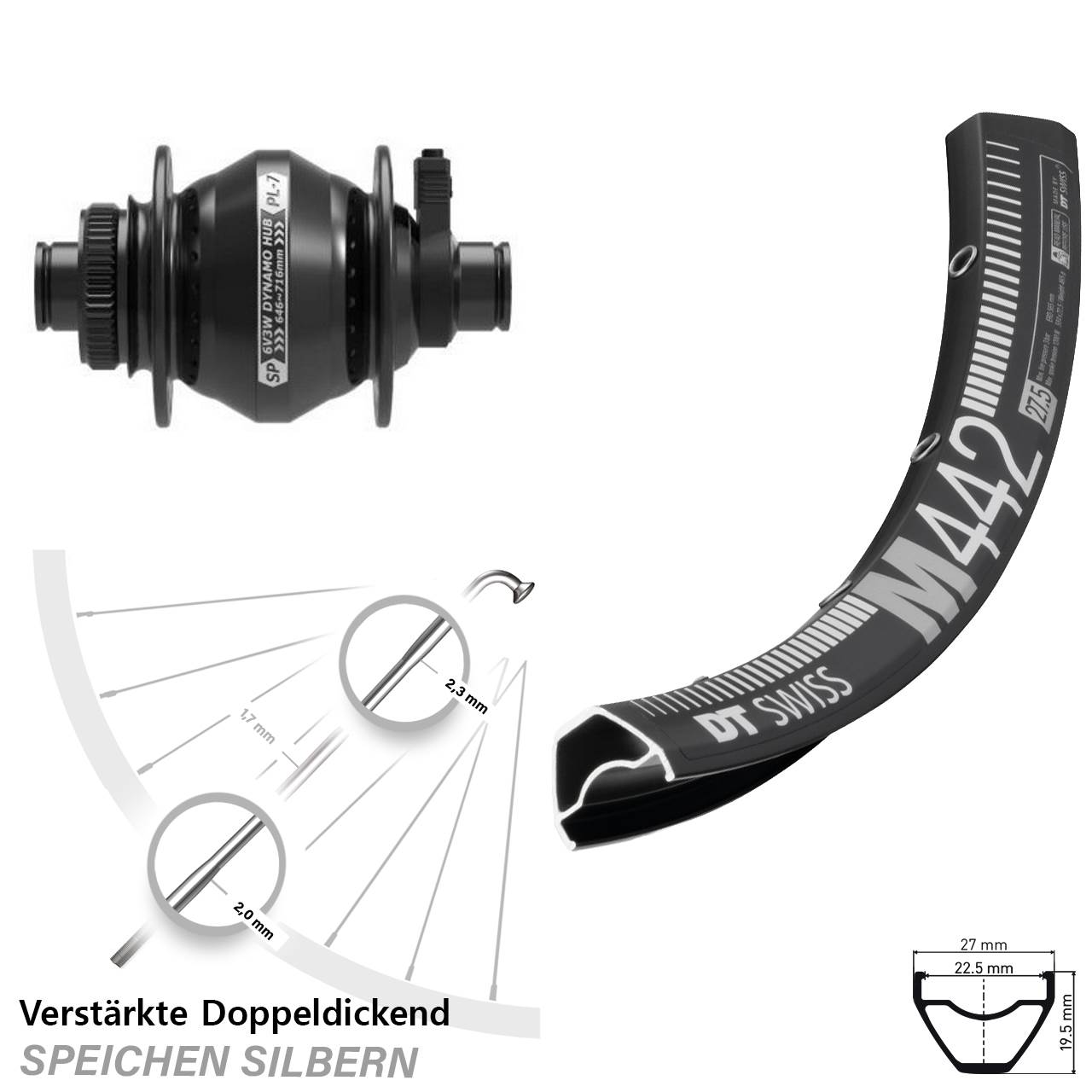 DT Swiss M442 Shutter Precision PL-7 28-29 Zoll Centerlock Dynamovorderrad 12x100