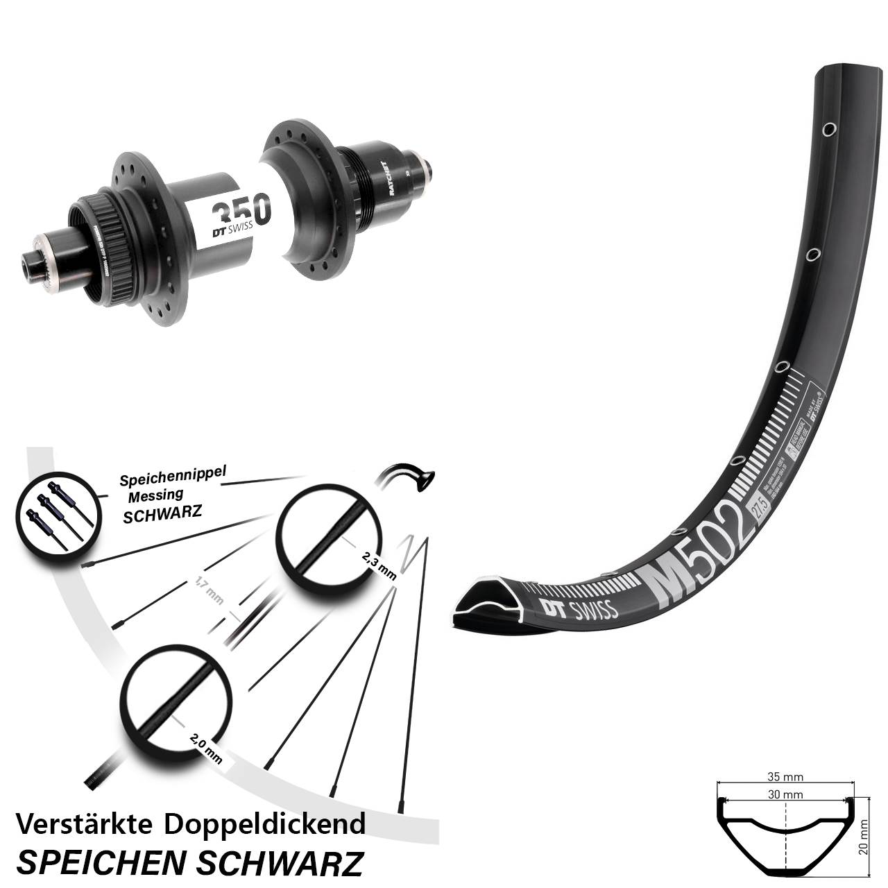 27,5 Zoll DT Swiss M 502-350 Disc Hinterrad für Schnellspanner XD 11-12 fach