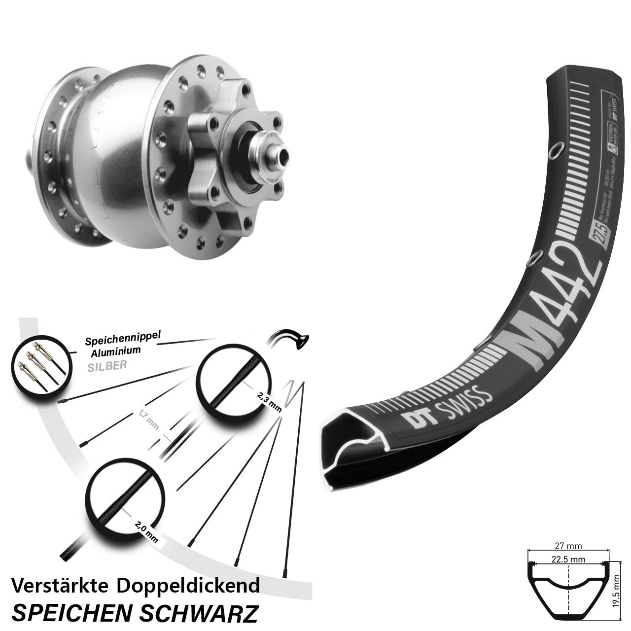 DT Swiss M 442 SON 28 Zoll silbern Disc Vorderrad mit Nabendynamo für Schnellspanner
